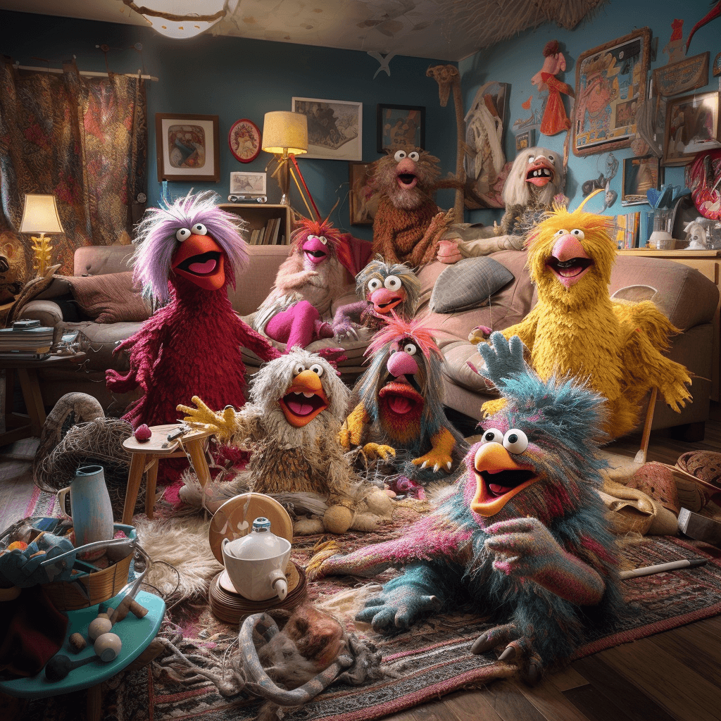 AI generated: creatures scattered in a living room, fraggle rock style, nice circular reflective eye, furniture fr...