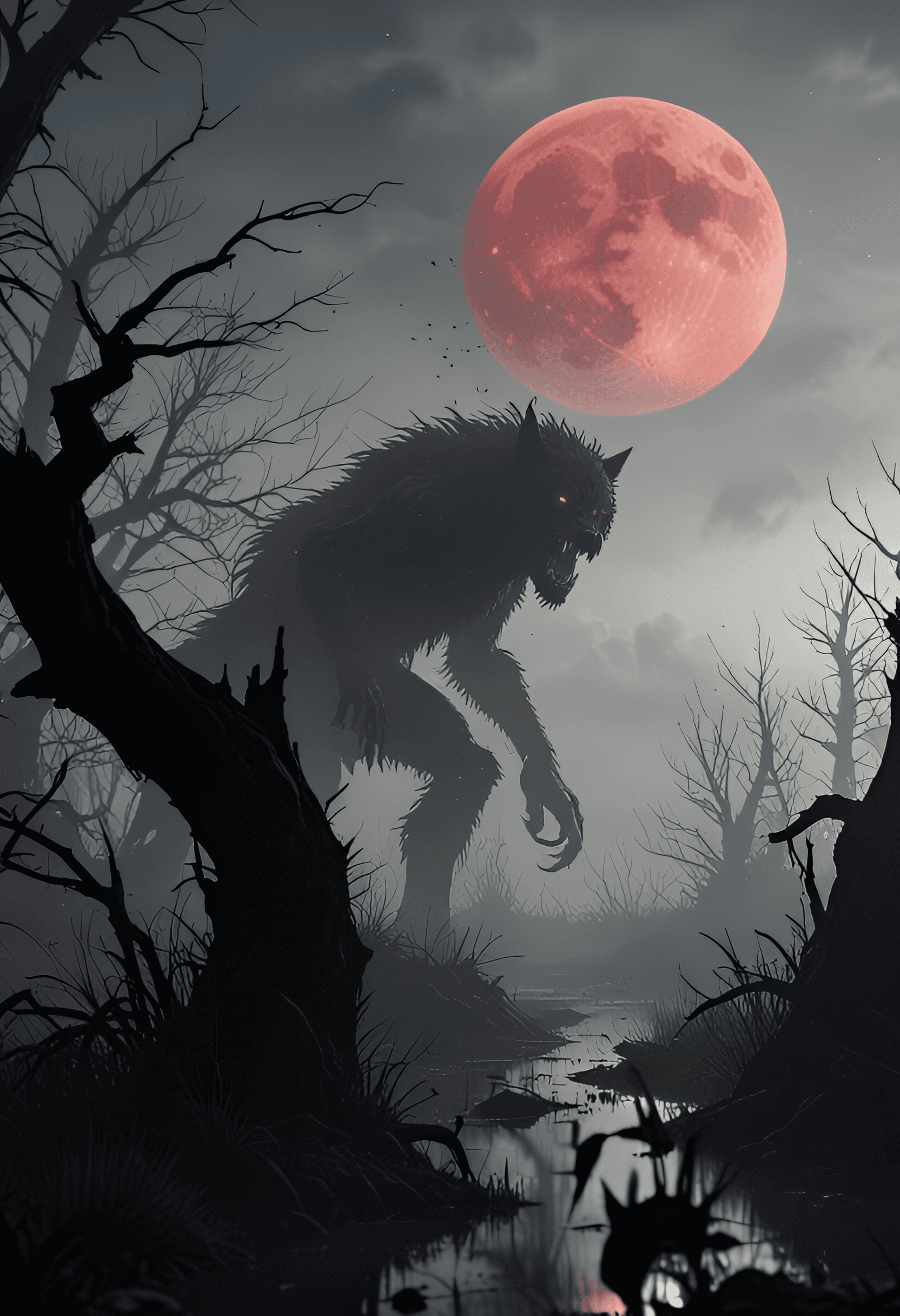 AI generated: something is crawling out of the misty bogs of scotland,fullmoon,a siloutte of an strong creepy were...