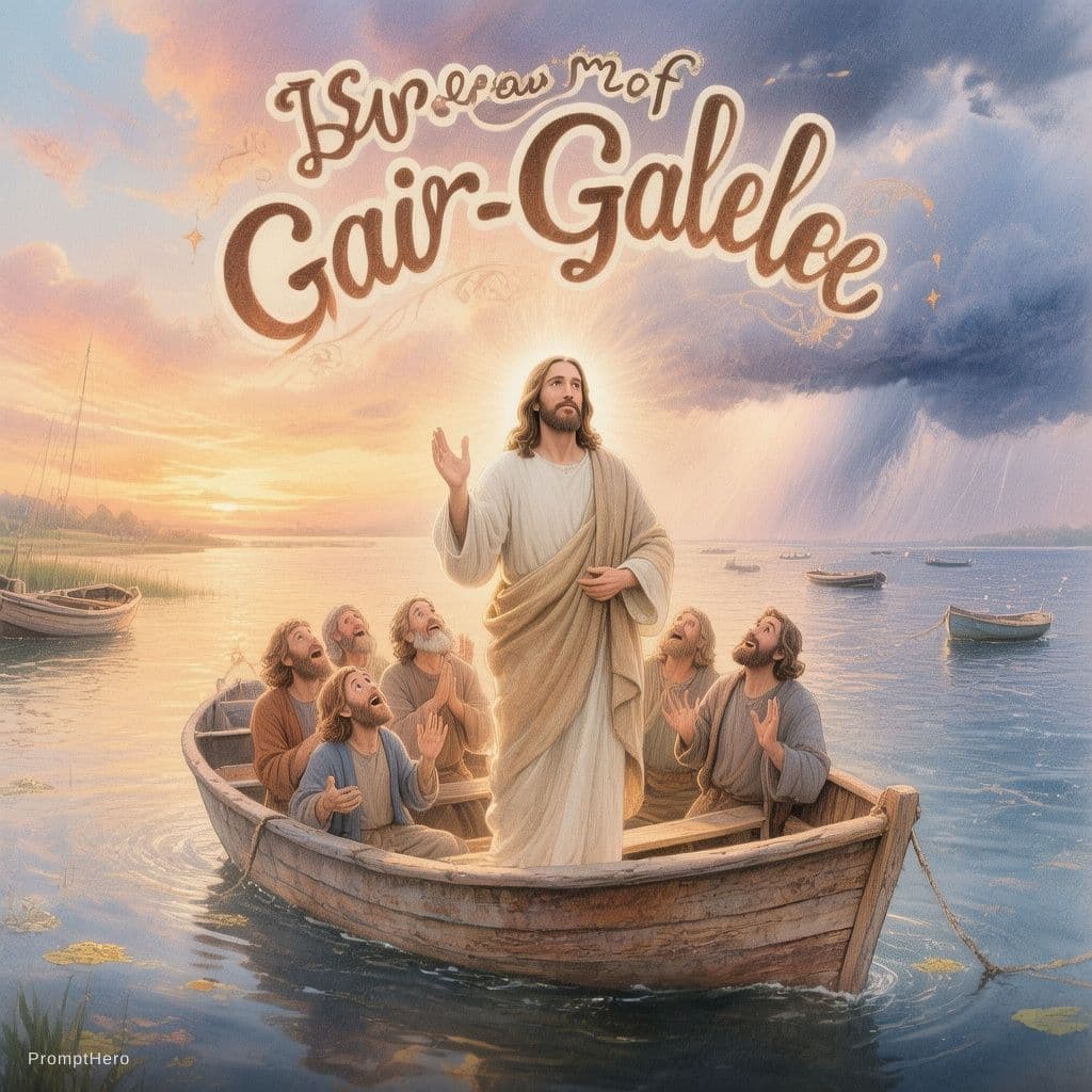 AI generated: Whimsical 2D children’s Bible storybook cover illustration, serene Sea of Galilee transitioning into...
