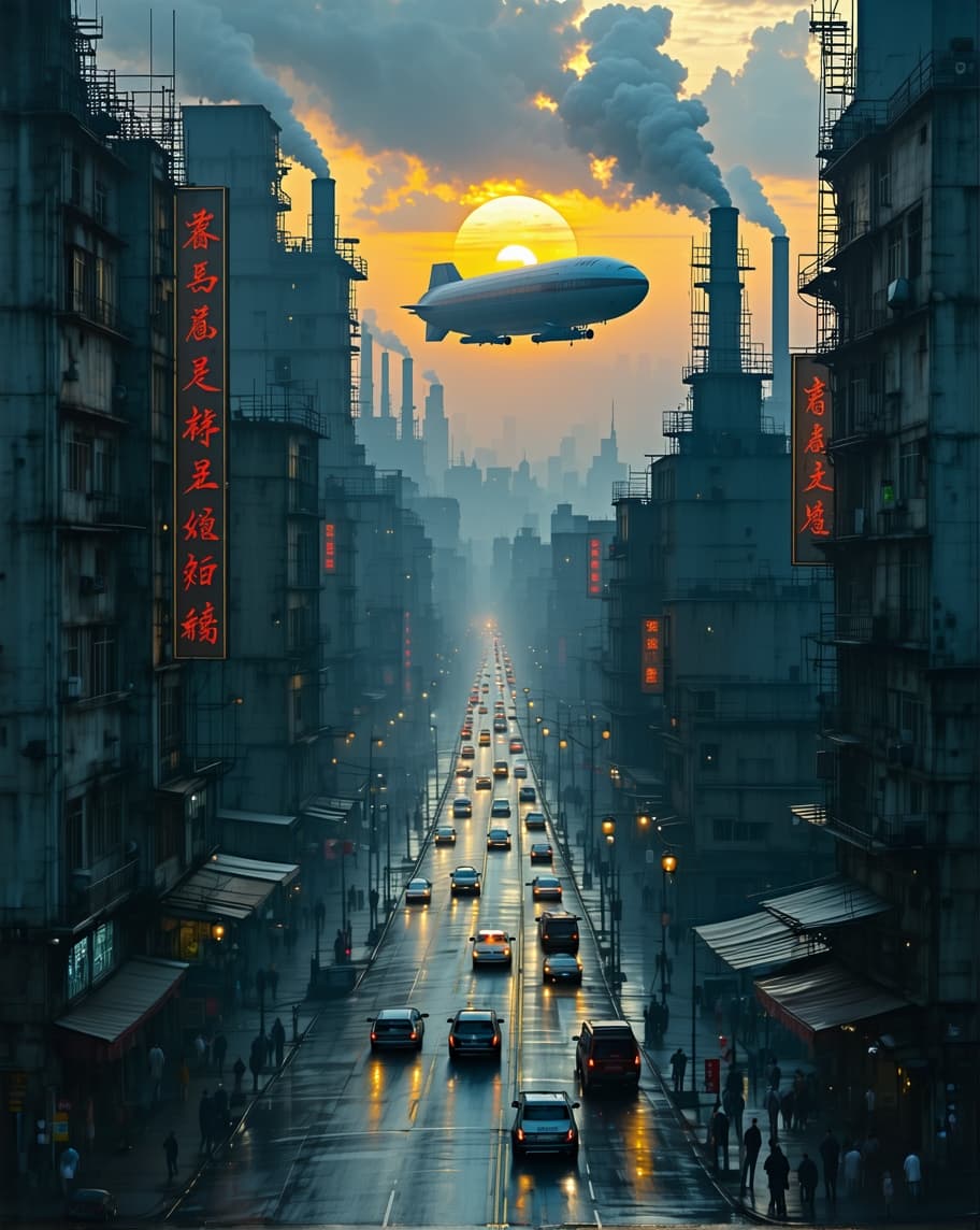 AI generated: This image depicts a futuristic city street at dusk, featuring towering, aged buildings, bustling ve...