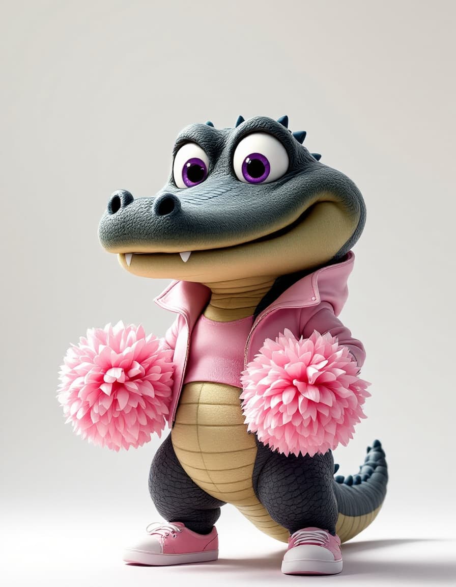 AI generated: whimsical paintings of Pixar, bryce 3D,full body,a chubby comical Black crocodile,made of plush mate...
