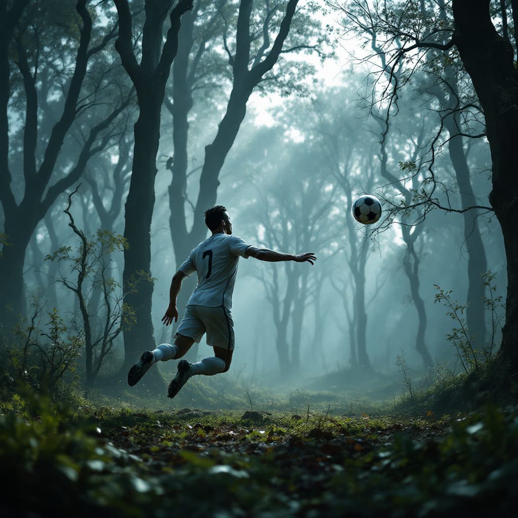 AI generated: Ronaldo scoring an unbelievable goal in the slender man woods, with slender man in goal, 8k, HD, nan...