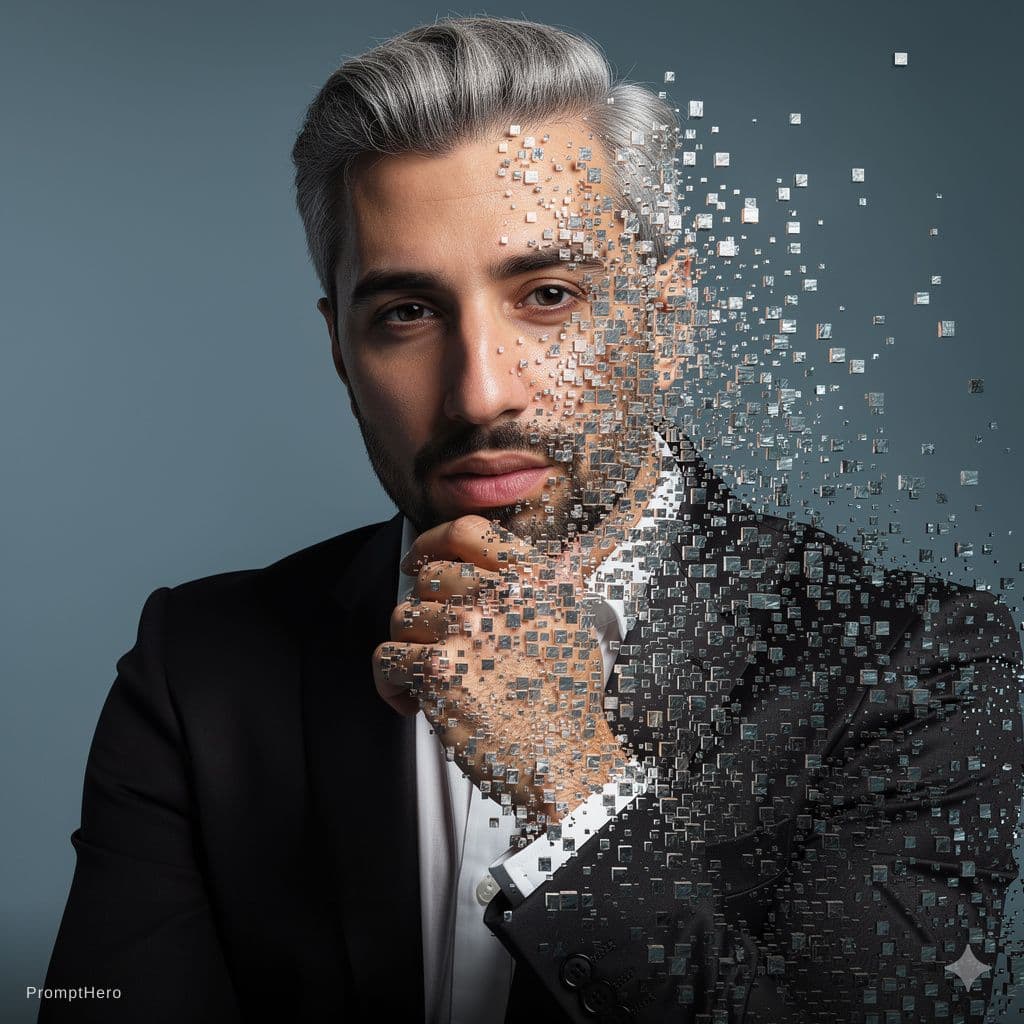 AI generated: hyper-realistic portrait of a man, solid grey color hair, styled in a contemporary look, wearing a m...