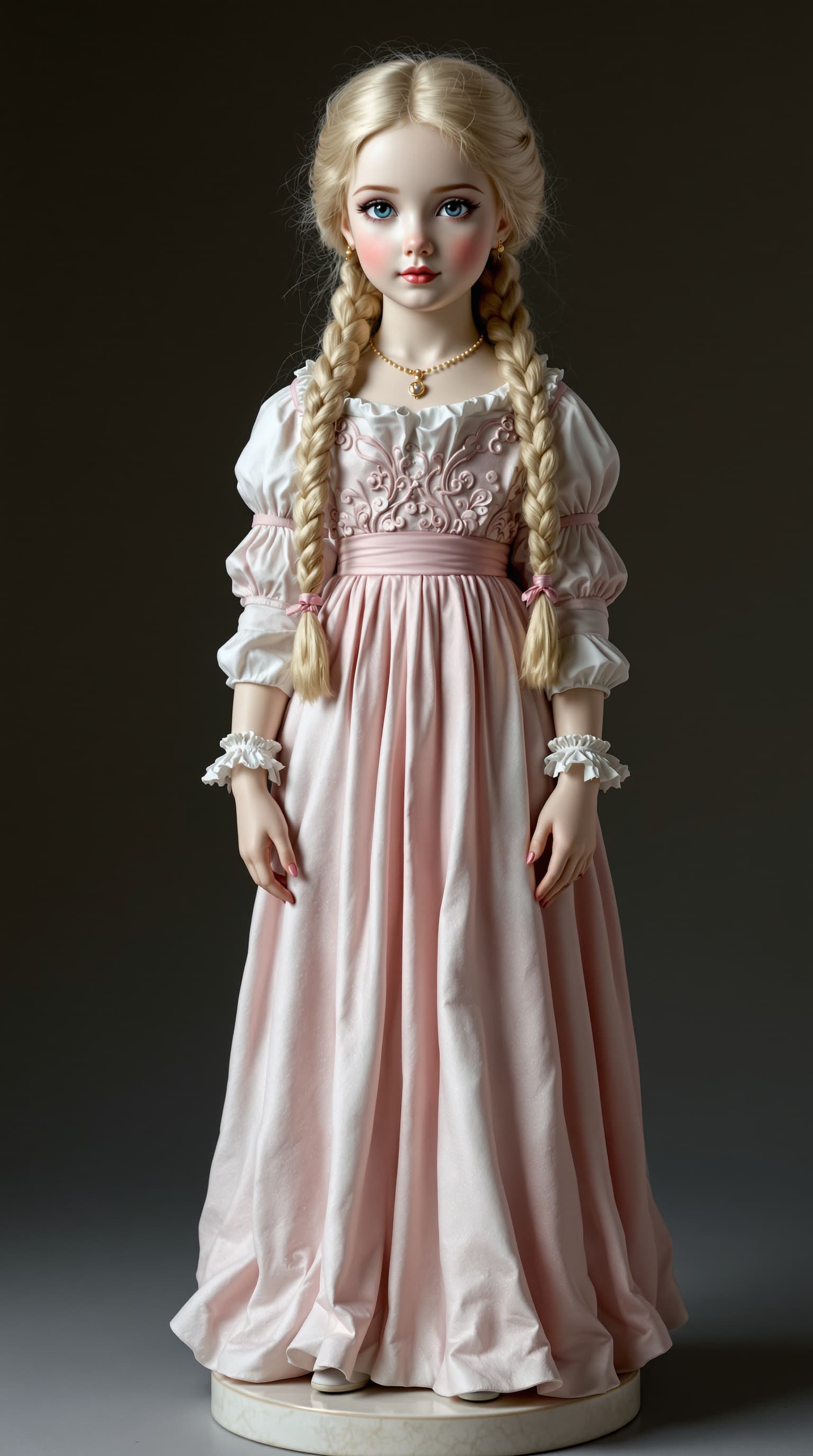 AI generated: A professional photograph captures the exquisite antique porcelain figurine of a ten-year-old girl, ...