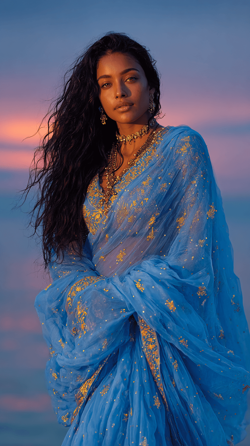 AI generated: A hyperrealistic breathtakingly beautiful Indian woman— her form radiating celestial grace. She stan...