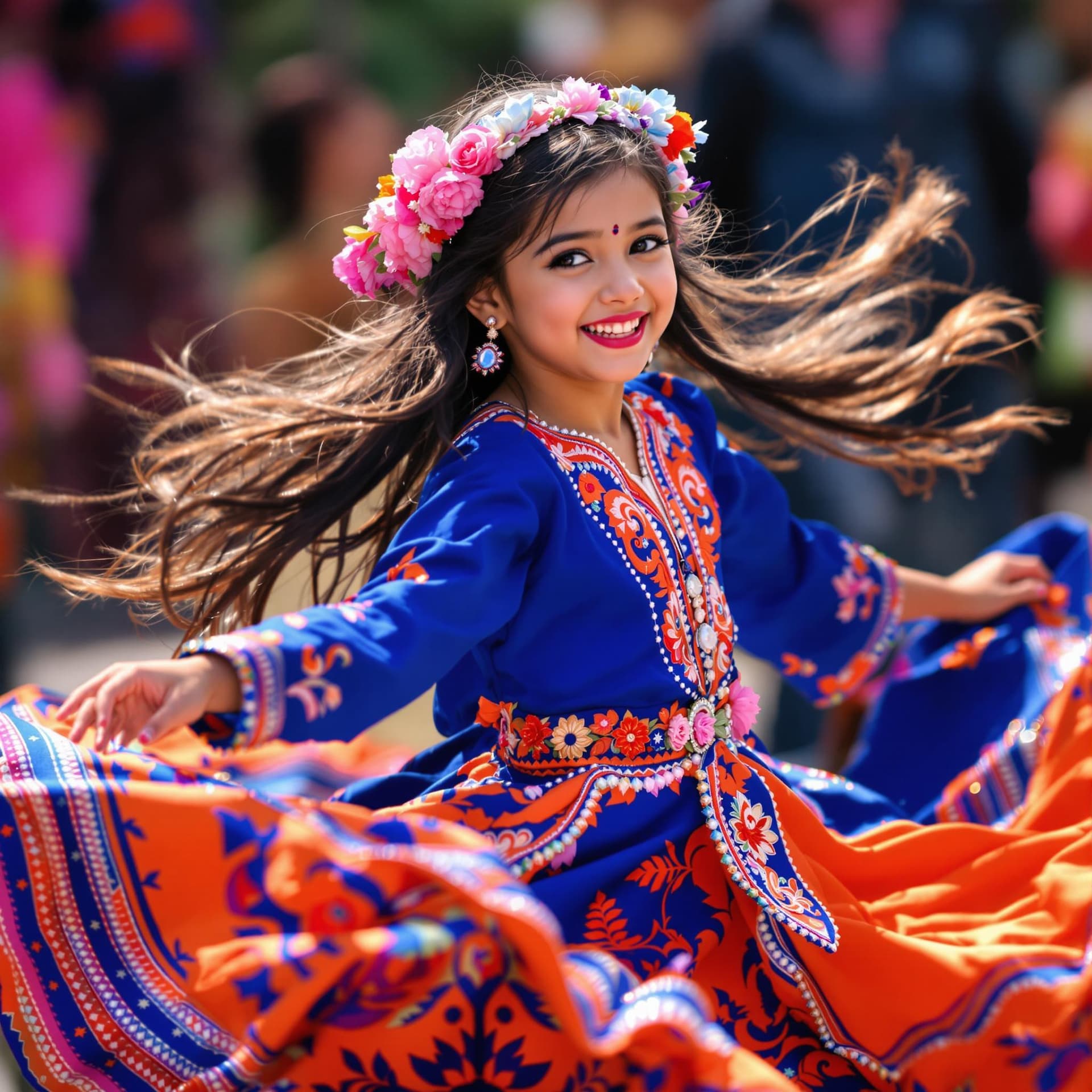 AI generated: The image captures a young girl in vibrant traditional attire, dancing with evident joy and grace. S...