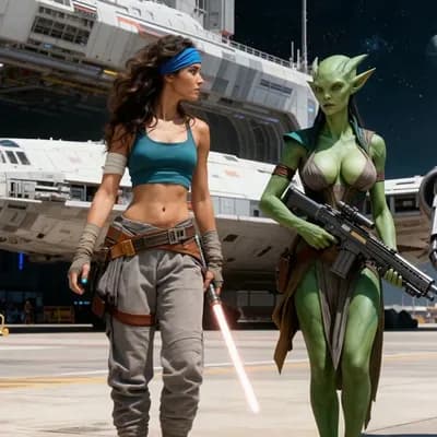 AI generated video: As the three walk, the woman and the alien princess argue.