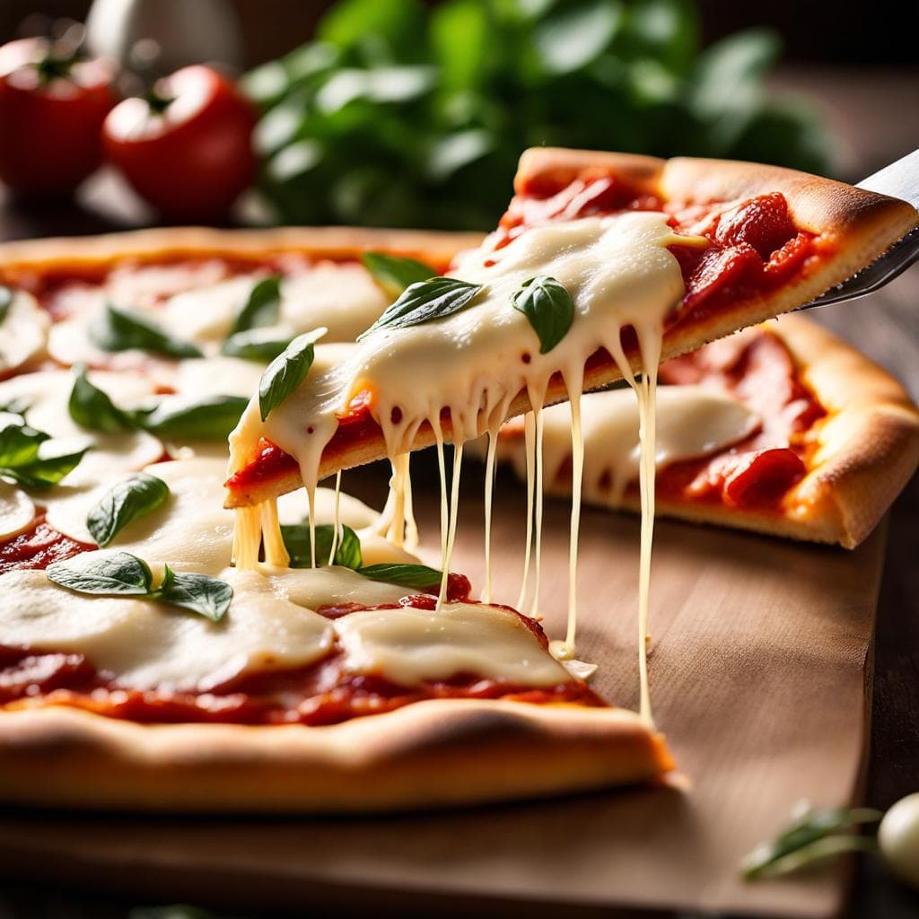 AI generated: the cheese on this pizza: a perfectly golden-brown layer of mozzarella, gently bubbling and stretchi...