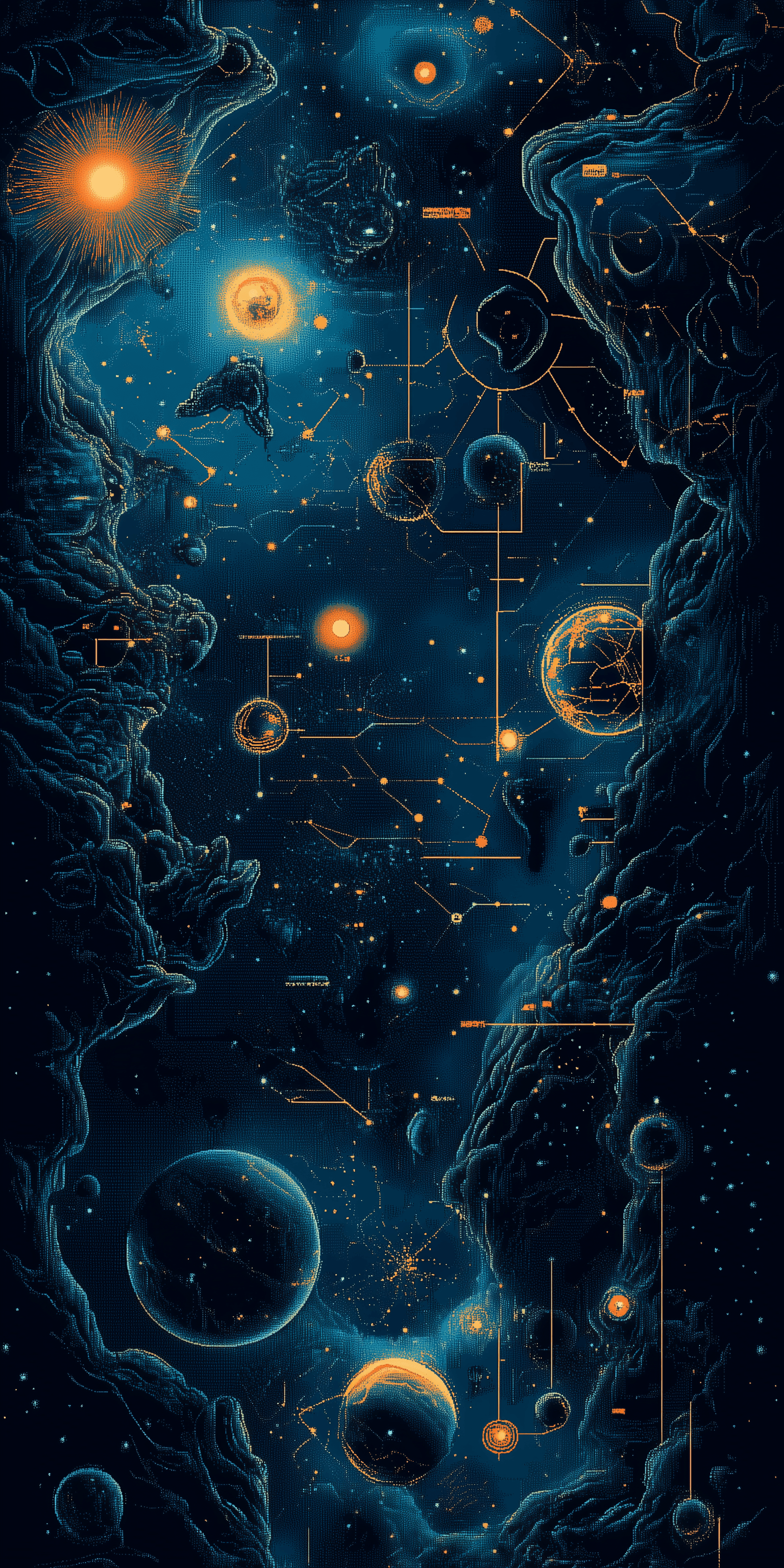 AI generated: Pixel art, a pixelated map of the multiverse with geometric shapes and data visualizations, in the s...