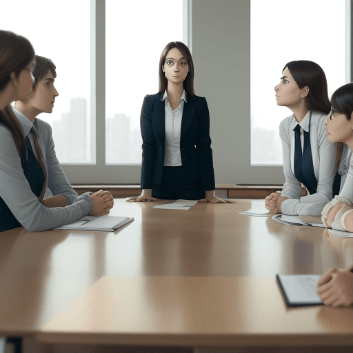 AI generated: five attractive teachers in a meeting, looking at each other with worried expressions, seated in a s...
