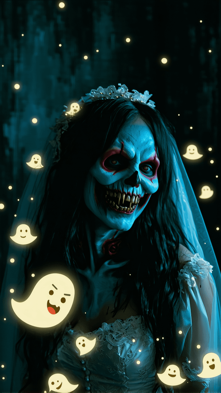 AI generated: A photo of zombie bride,smiling in devil mood,scary scene,dark background,glowing tiny ghosts,weddin...