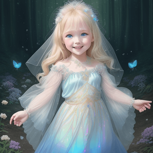 AI generated: a 4-year-old blonde girl with blue eyes and plumper cheeks,smiles,  clothes are adorned with shimmer...