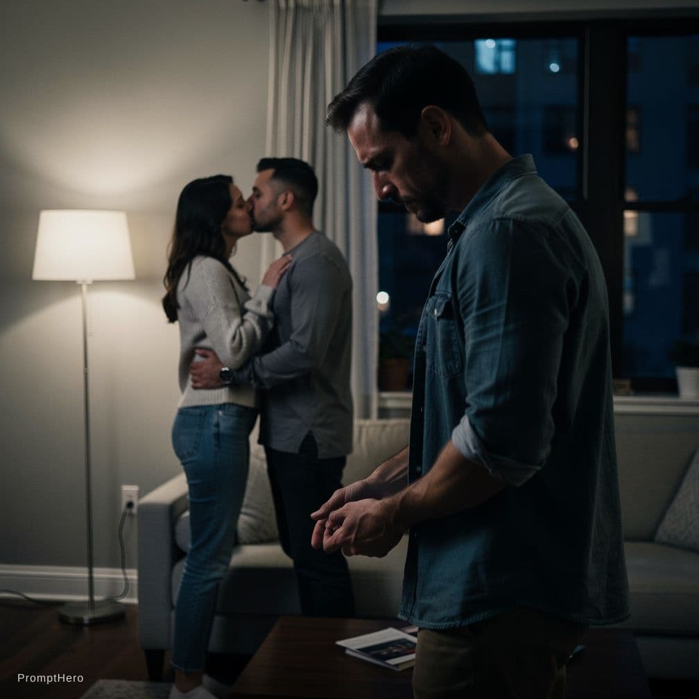 AI generated: a photo of three people ". a wife and her husband and her lover", the wife and her lover standing ki...
