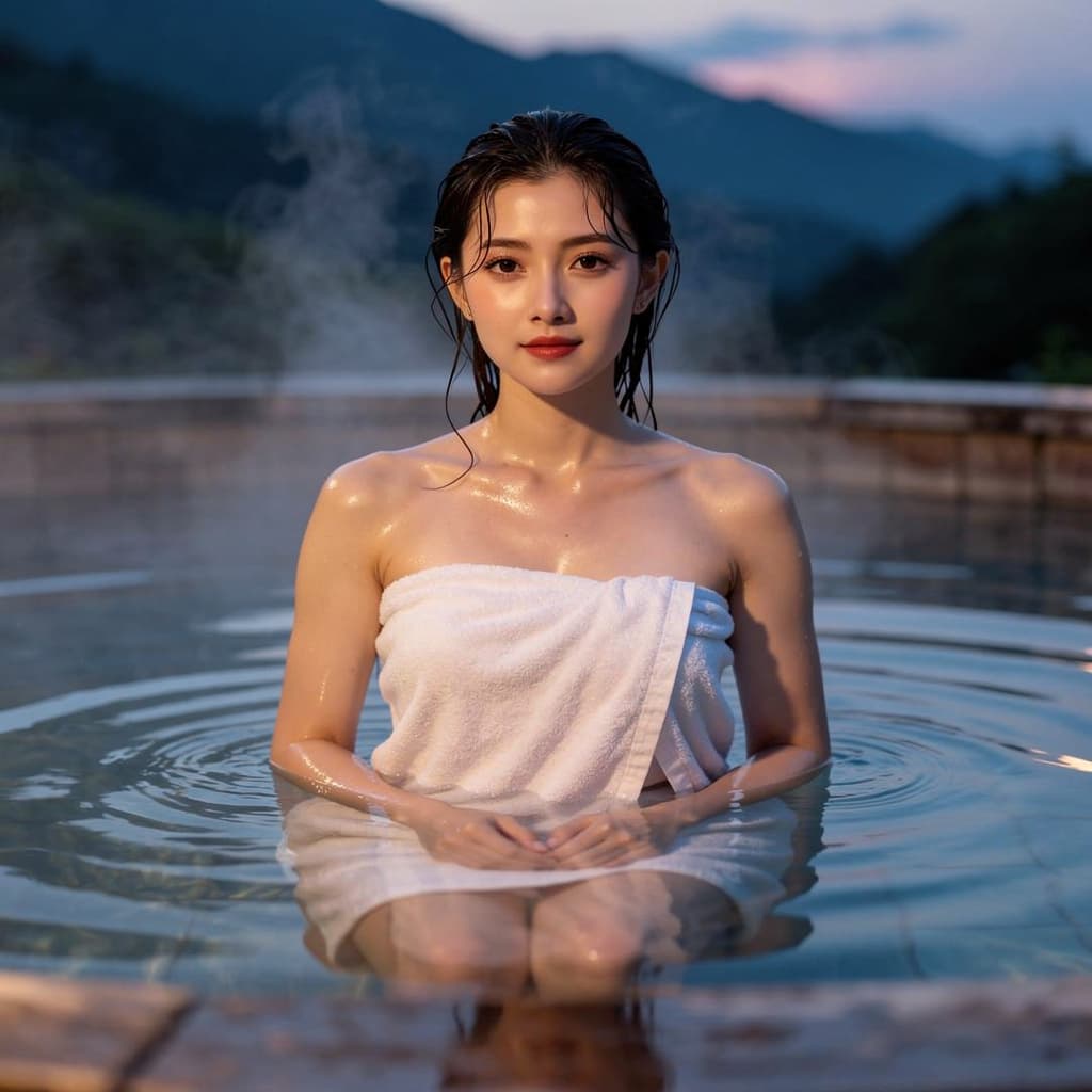 AI generated: 全裸美女泡温泉的图片，拿下毛巾