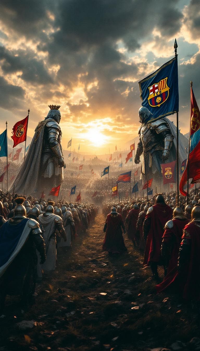 AI generated: Two colossal medieval armies face each other on a vast battlefield at dawn, ready for combat. One ar...