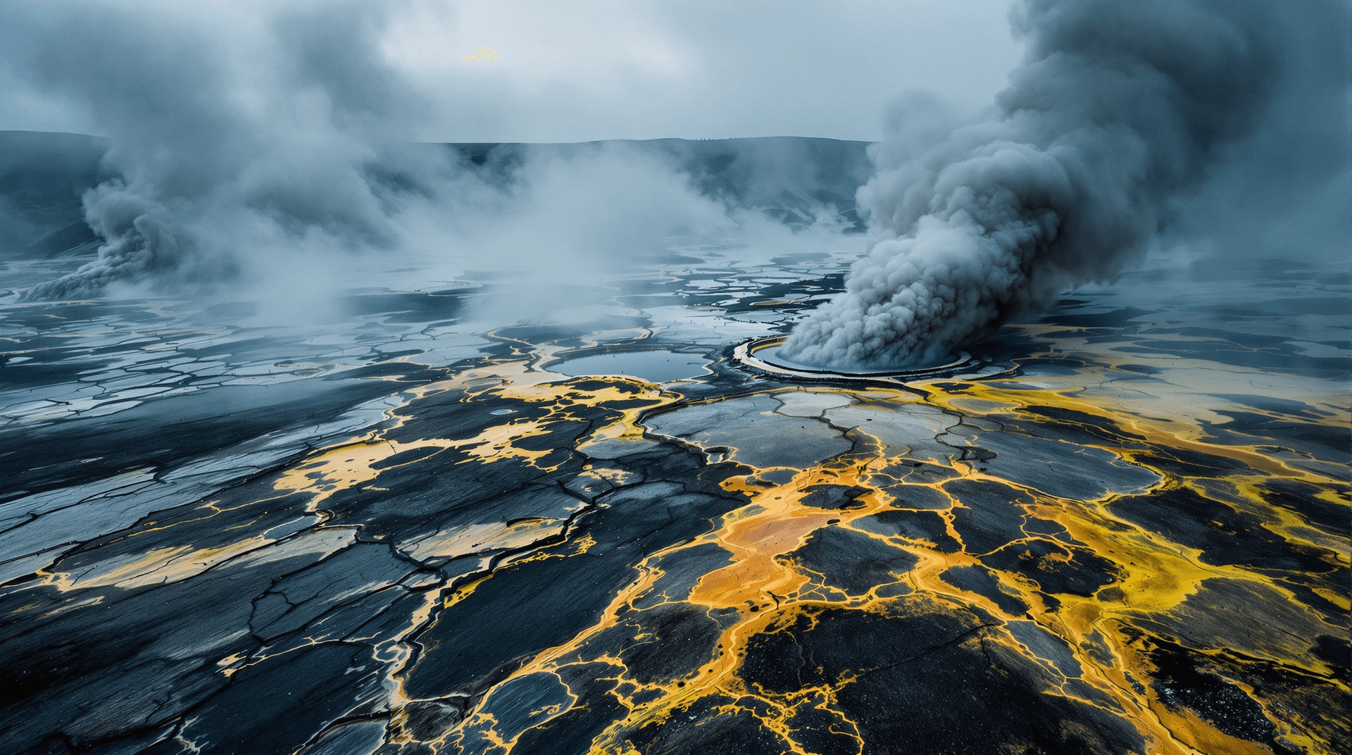 AI generated: A vast, sweeping drone shot of a desolate and primordial volcanic wasteland. The ground is a patchwo...