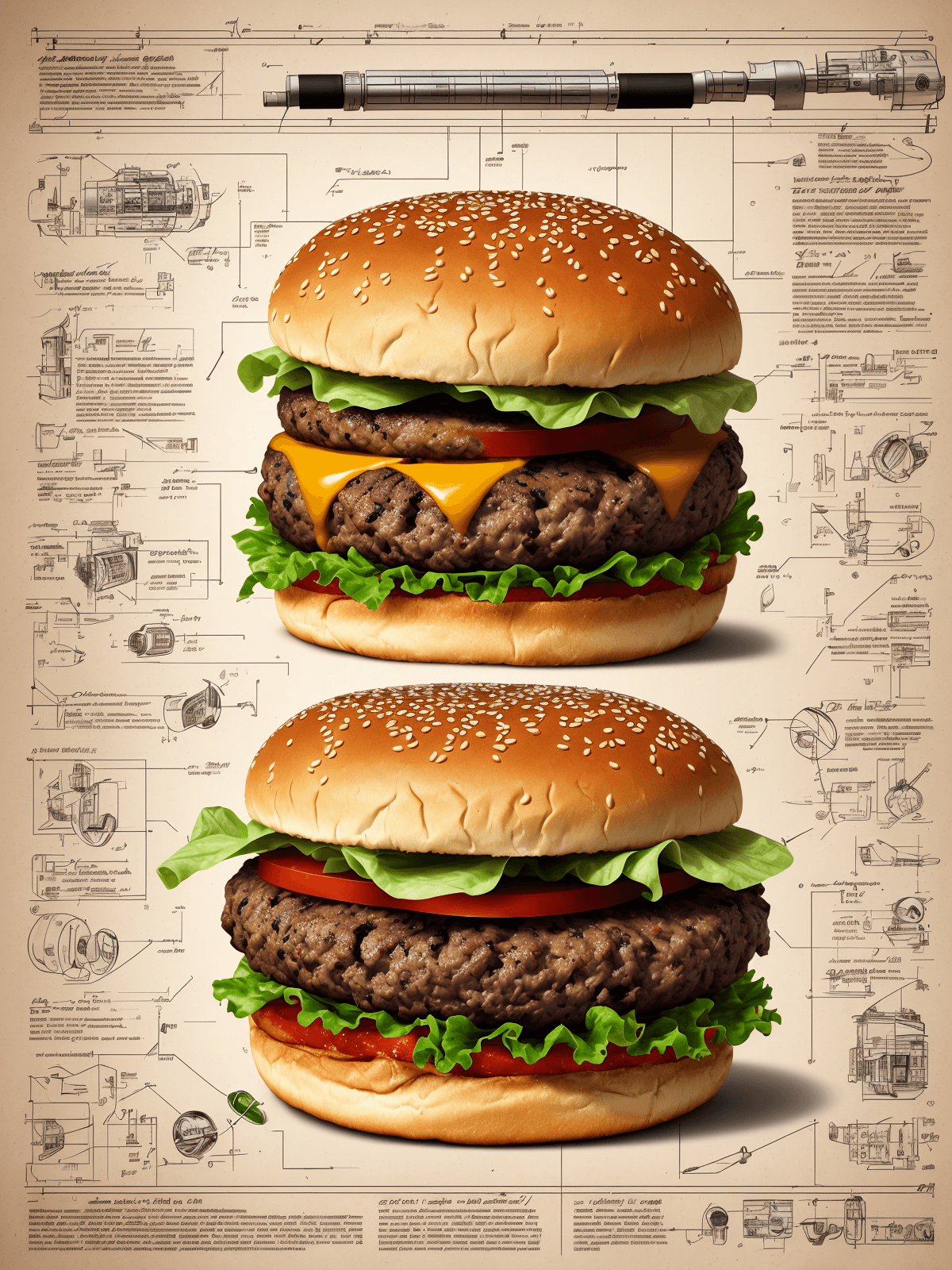 AI generated: A burger falling in pieces juicy, tasty, hot, promotional photo, intricate details, hdr, cinematic, ...