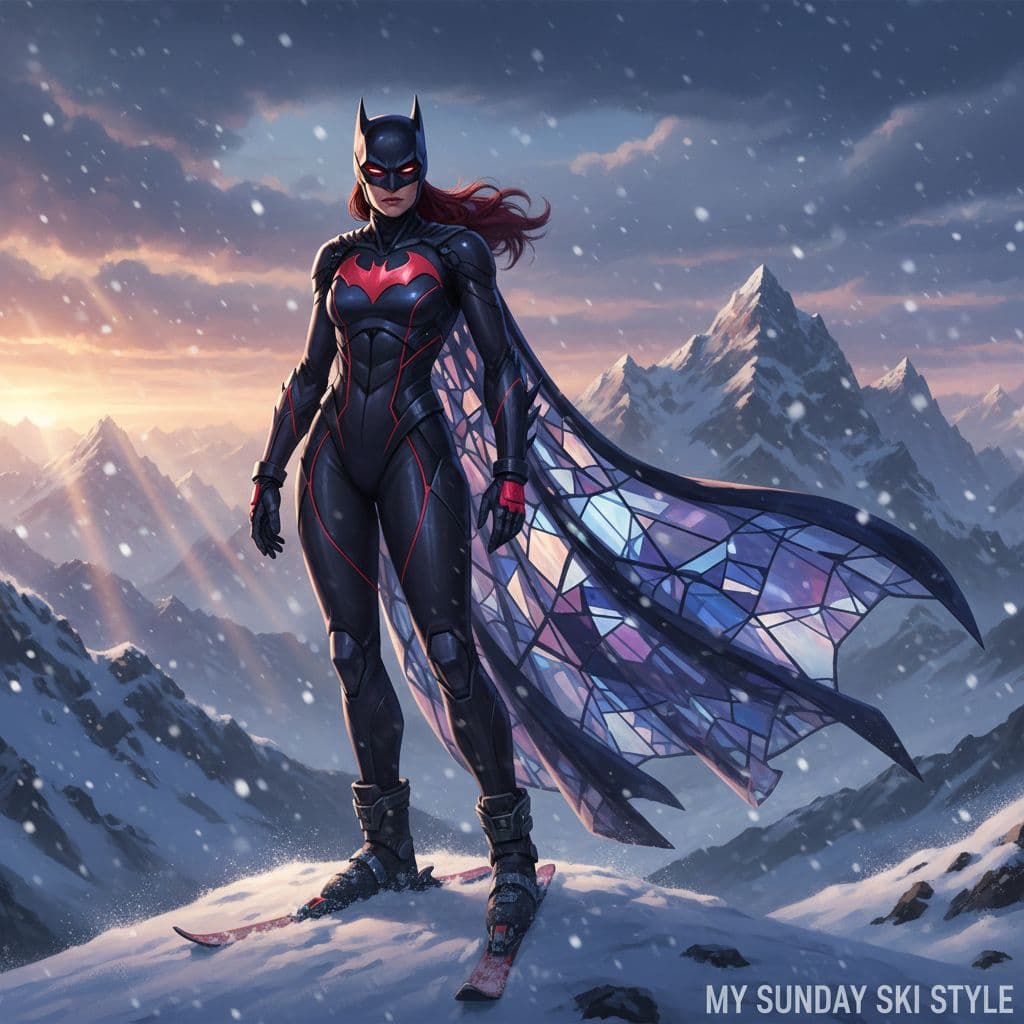 AI generated: BatWomen ub ab actub scebe Art by WLOP, by Artgerm, by Peter Mohrbacher, by Krenz cushart, snowy mou...