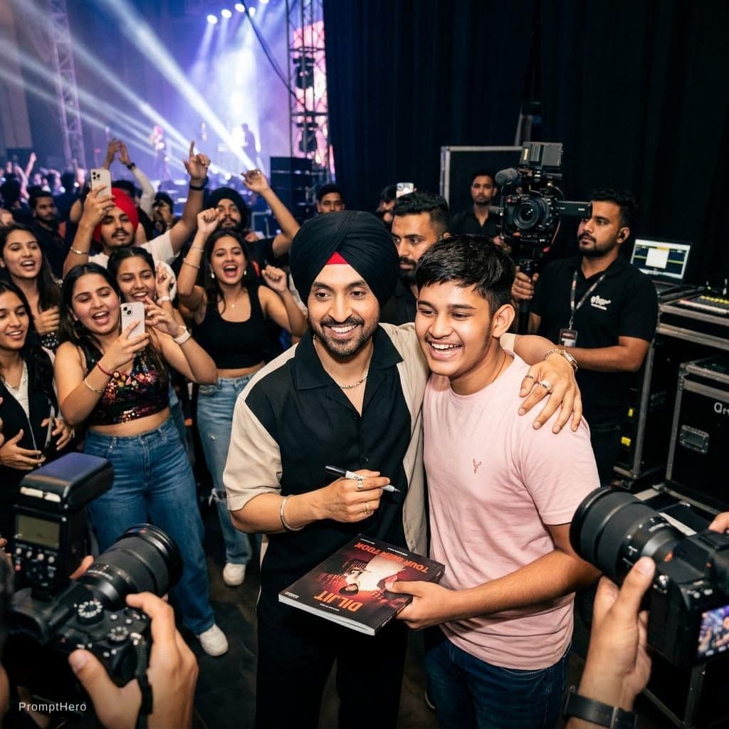 AI generated: with Diljit Dosanjh backstage at a concert, excited fans vibe