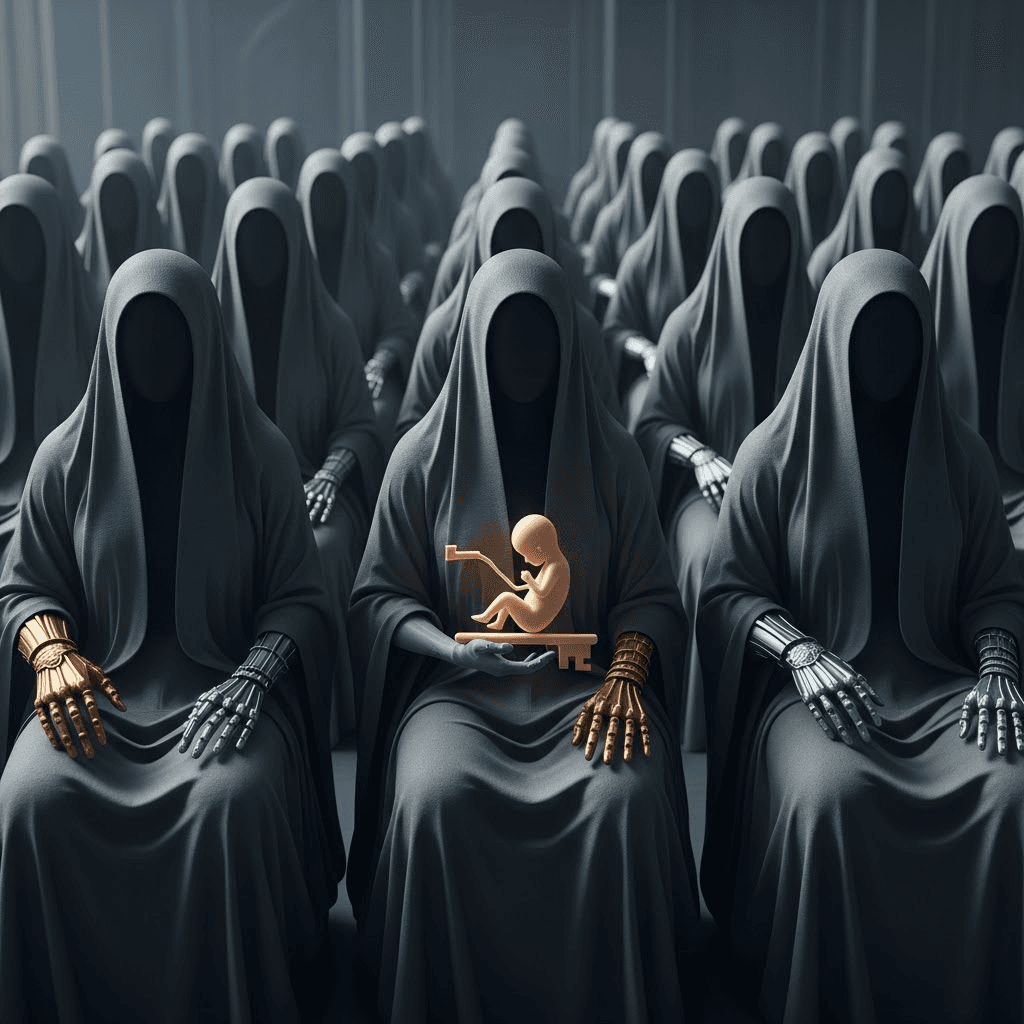 AI generated: Rows of godlike beings sit in judgment — each featureless and faceless, cloaked in living fabric tha...