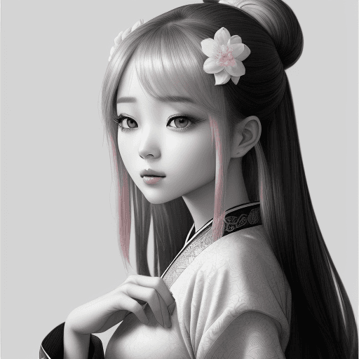 AI generated: a beautiful drawing of a girl in black and white, in the style of gongbi, dark silver and light pink...