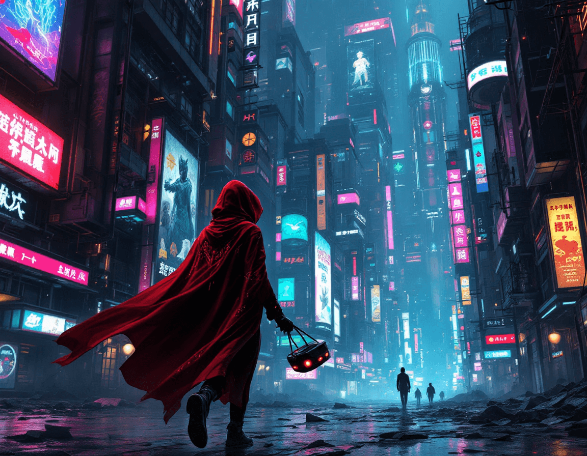 AI generated: A futuristic cyberpunk reinterpretation of Little Red Riding Hood, set in a towering, neon-lit megac...