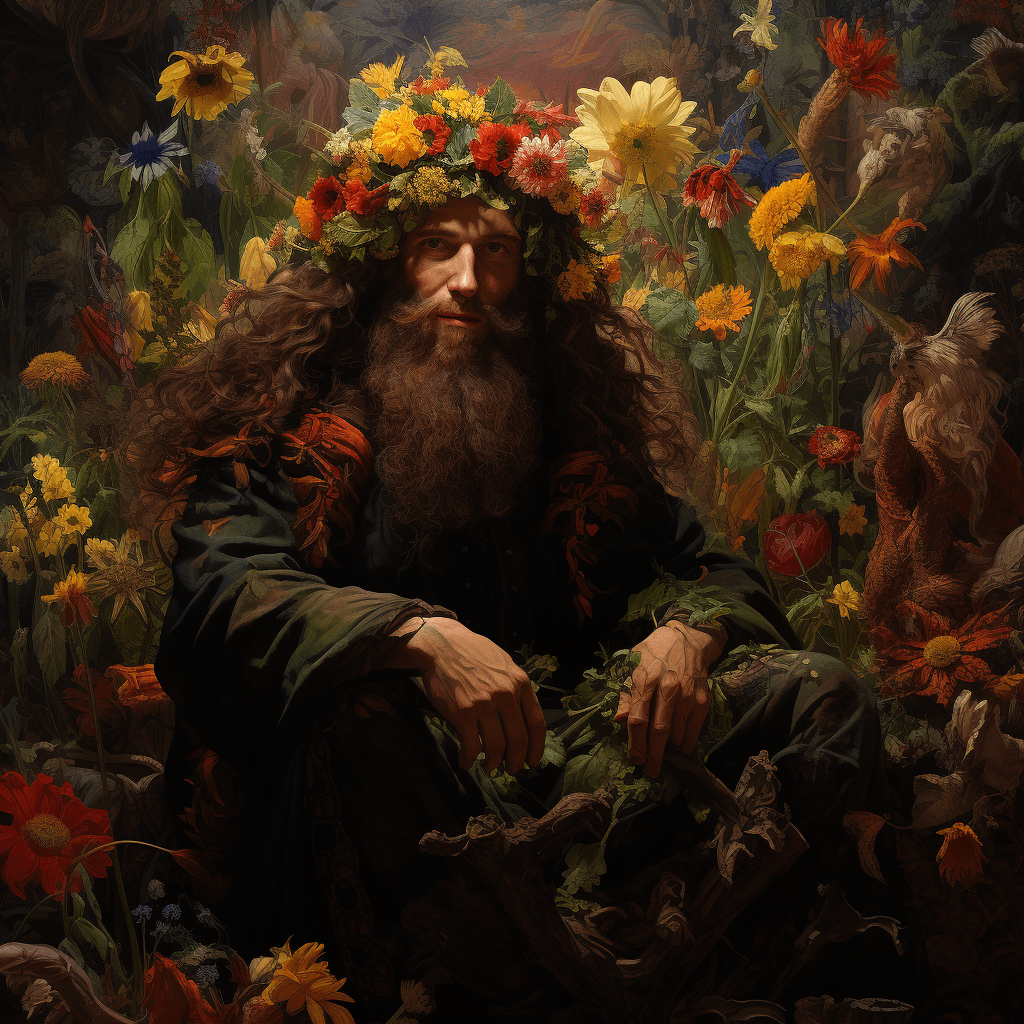 AI generated:  Halvard, druid, Spring, green, yellow, red, vibrant, wild, wildflowers masterpiece, shadows, expert...