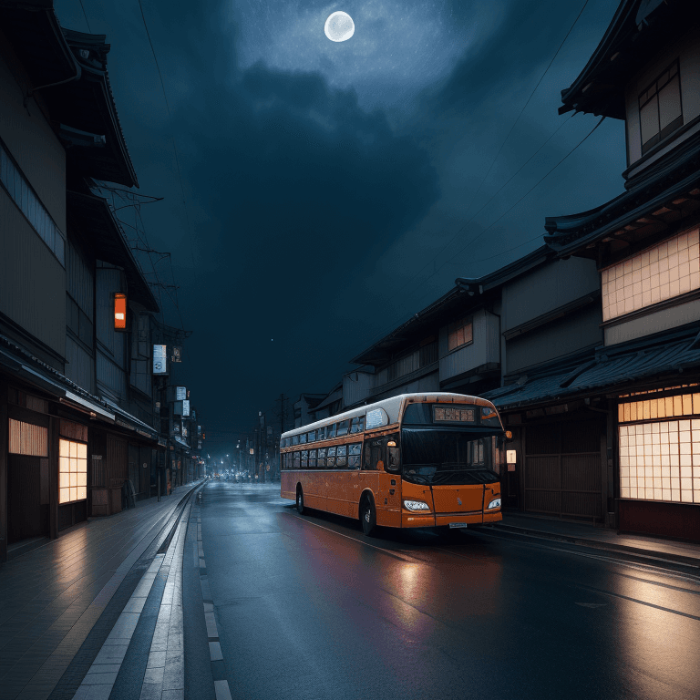 AI generated: the bus is waiting under the moonlight, lit street, depictions of inclement weather, uhd image, japa...