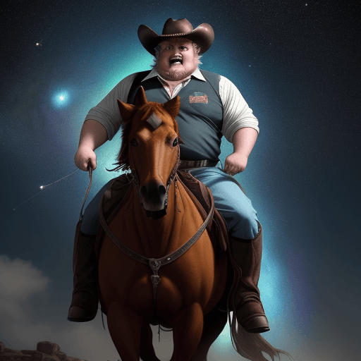 AI generated: OLD fat cowboy, riding a horse, the horse has bulging eyes, funny photo, from Scott Snyder and artis...