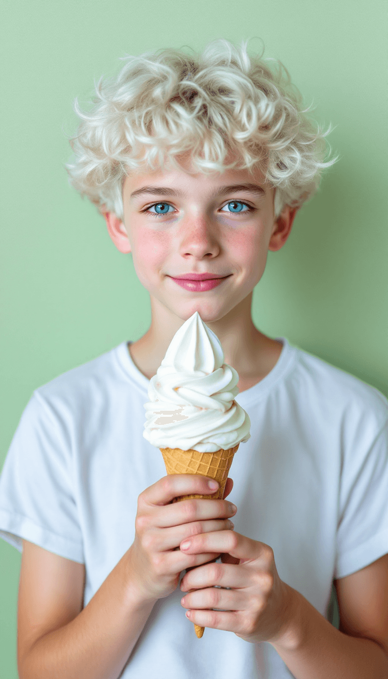 AI generated: oil painting, simplify style, front portraits, boy aged 16, curly, white hair, wearing a white T-shi...