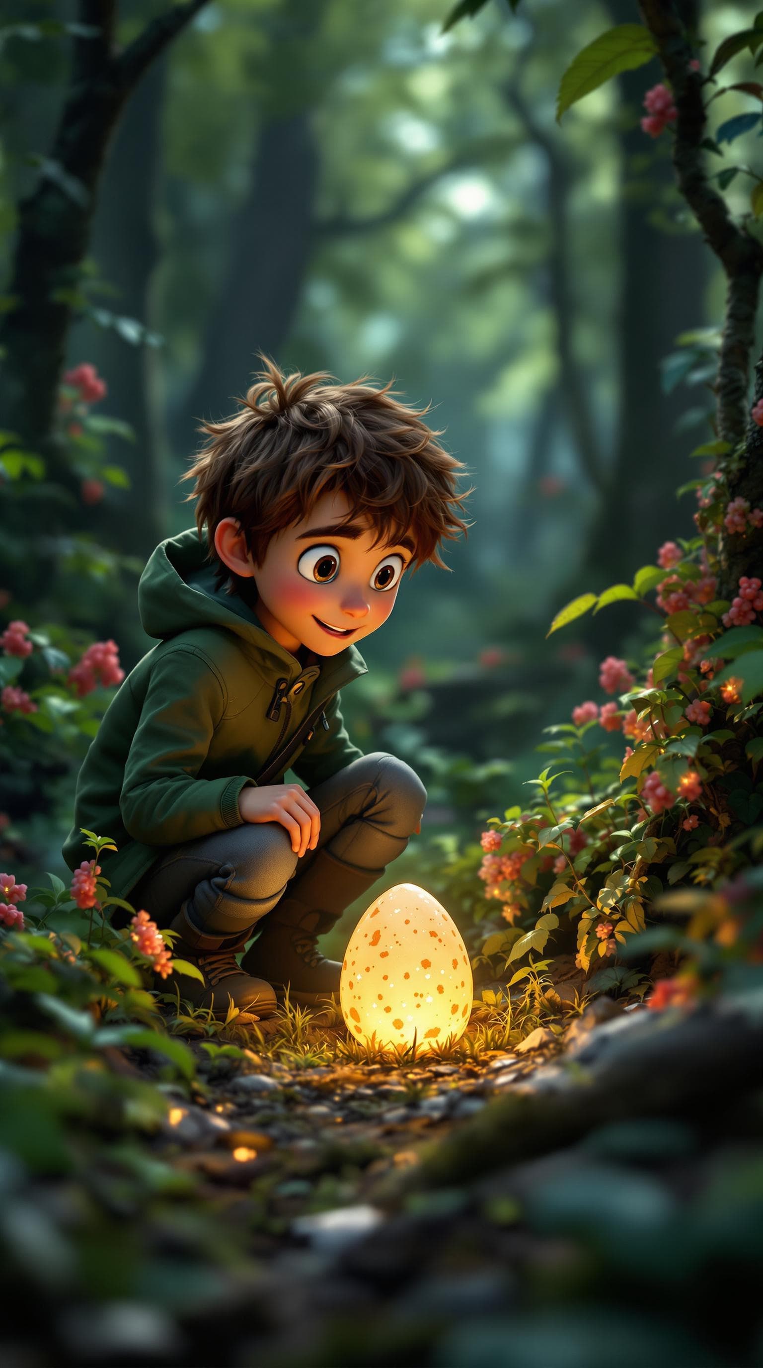 AI generated: Deep within the forest, Max,is a curious young boy with tousled brown hair, wearing a green adventur...