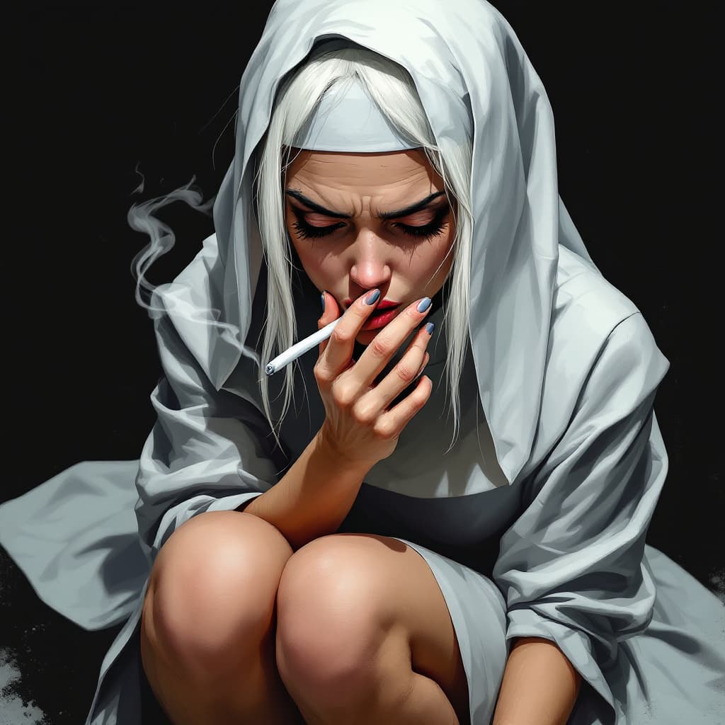 AI generated: Comic book cover illustration, full body shot of a white-haired nun, smoking, knees up, apathetic on...
