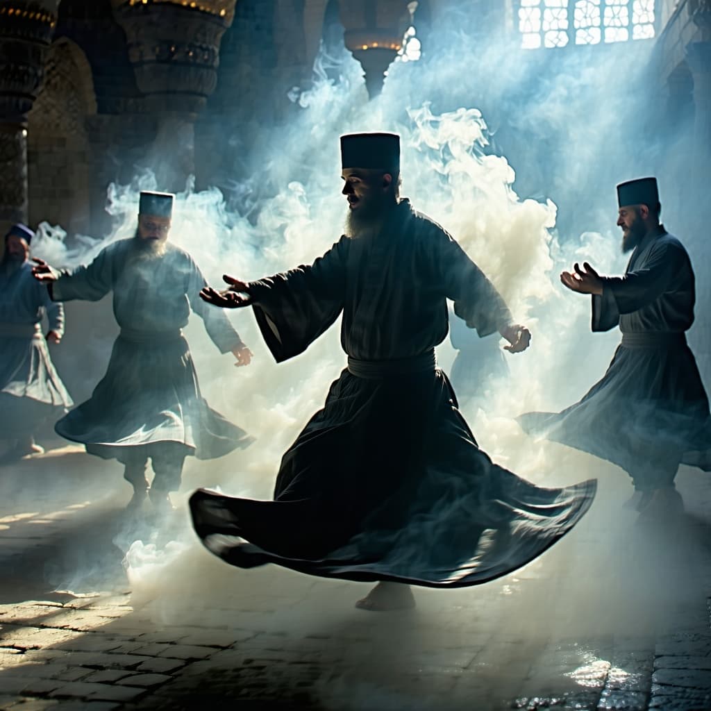 AI generated: mawlawi order whirling dervishes, sufi trance, 32 k, huge smokey, michael whelan, peter mohrbache, g...