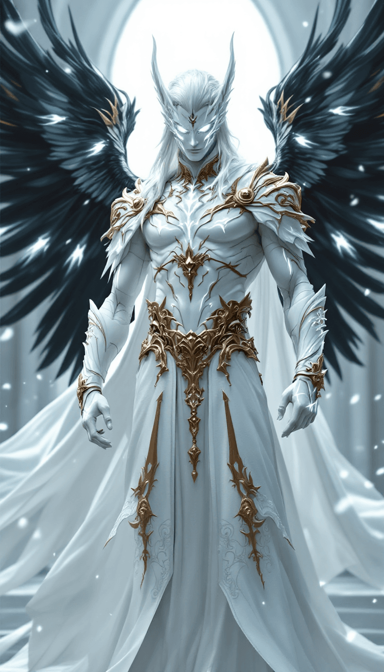 AI generated: all white, white final fantasy, male, mage, priest, white body skin, fantasy big white color full bo...