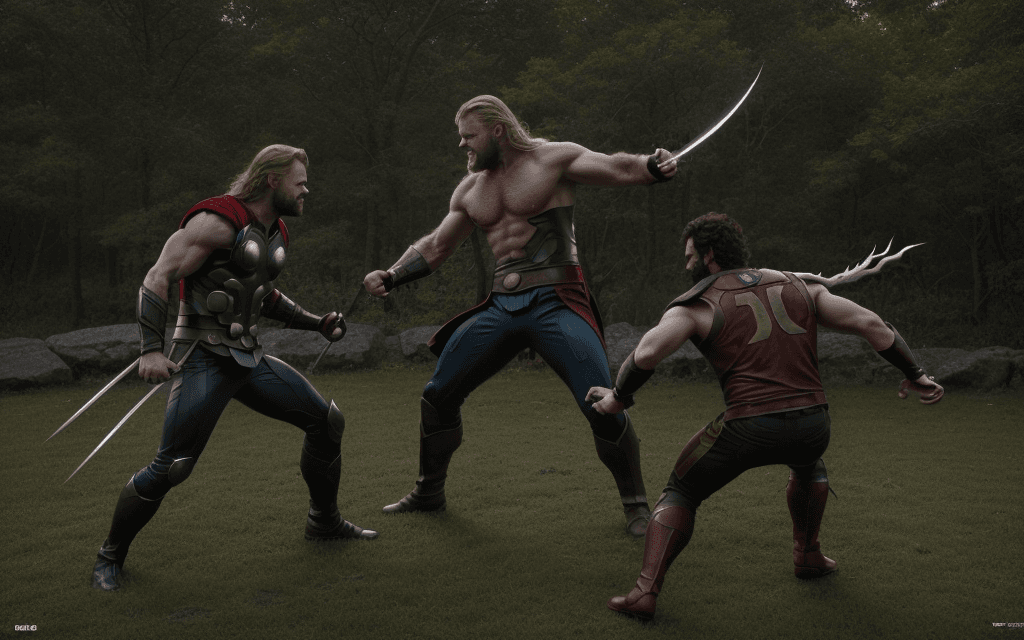 AI generated: 8k, A imagem mostra Thor e Wolverine lutando em um campo de batalha. Thor está usando seu martelo Mj...