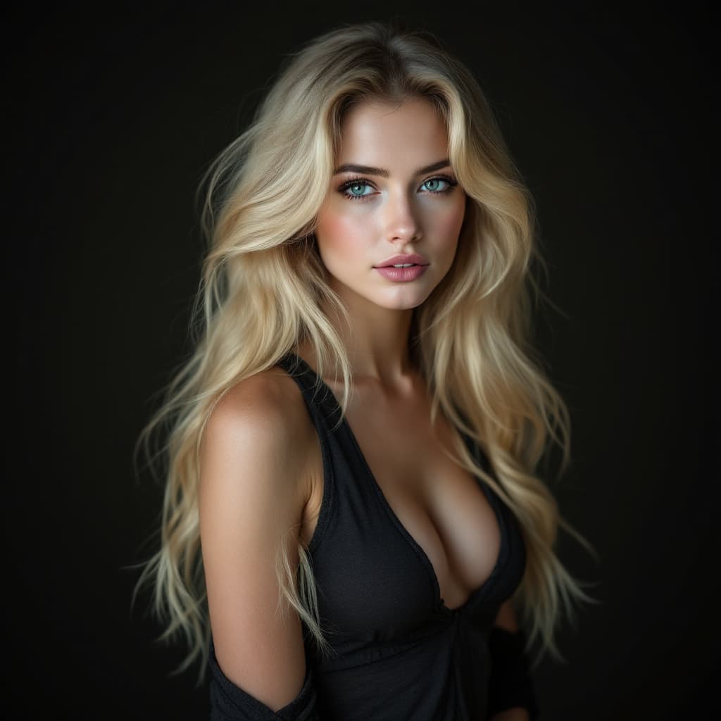 AI generated: beautiful blonde woman, 18 years of age, full body shot, long hair, all skin visible