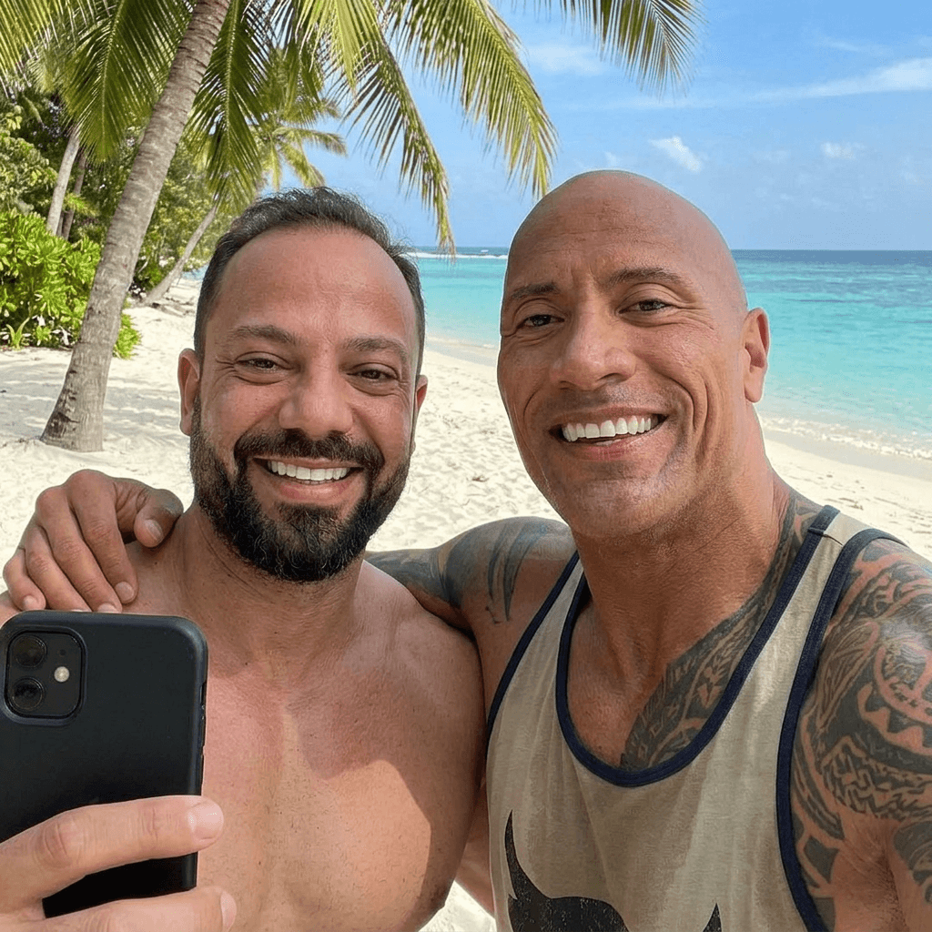 AI generated: with Dwayne Johnson at a tropical beach, sunny day, both smiling