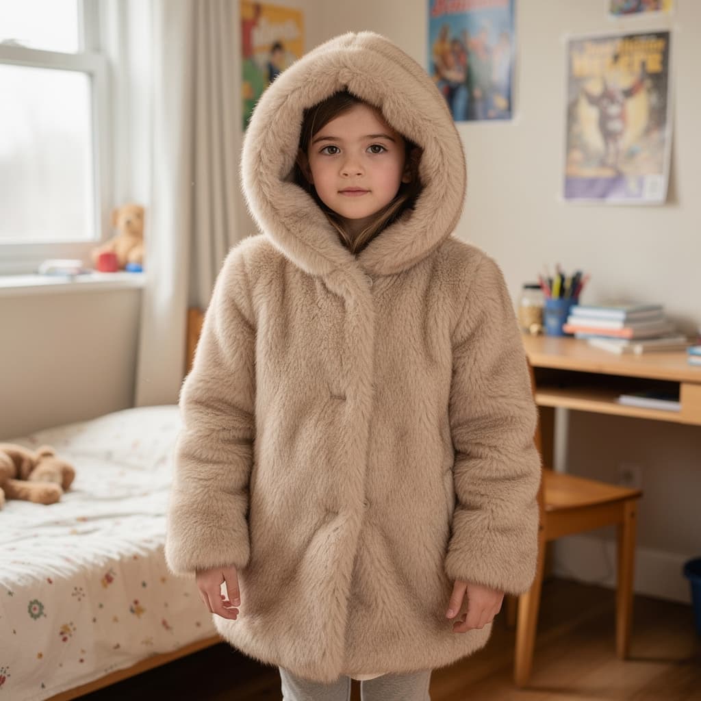 AI generated: 12 year  old  girl wearing ultra thick real hooded  fur jacket  standing  in her room   