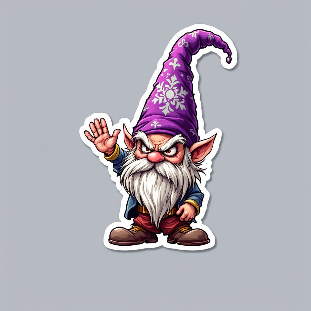 AI generated: A highly detailed full-body cartoon sticker of a whimsical gnome character. The gnome is wearing a v...
