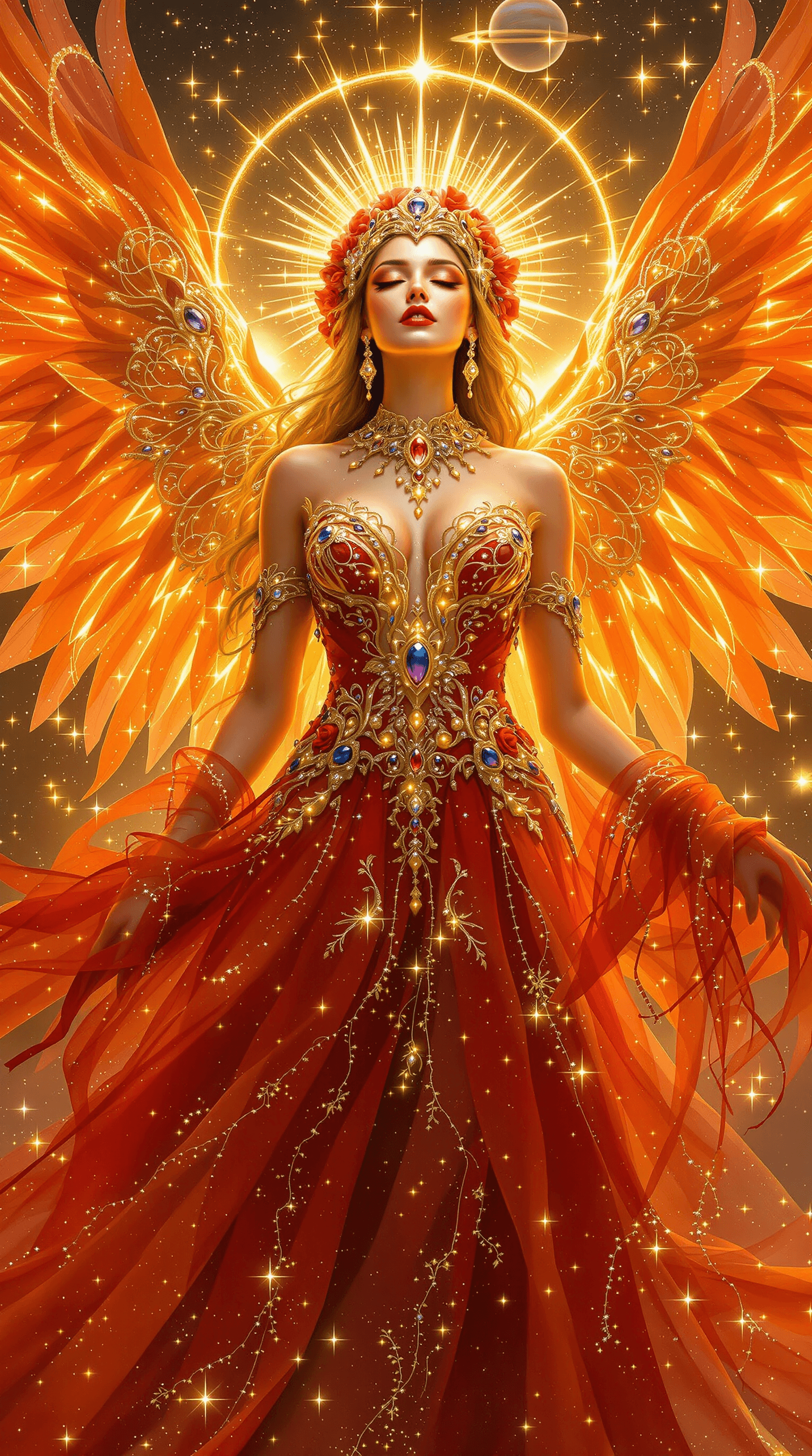 AI generated: A majestic fantasy goddess with glowing golden skin stands radiantly in a celestial realm, wearing a...