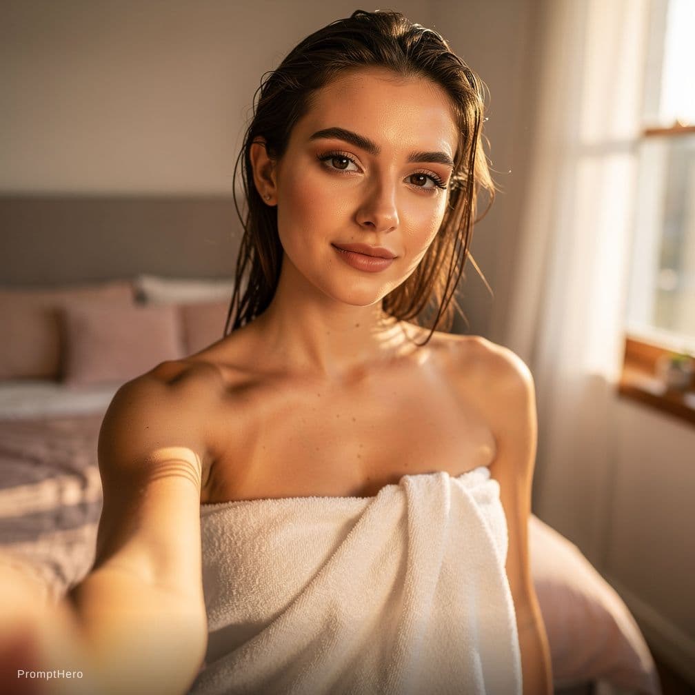 AI generated: make she close up selfie on bedroom just wearing towel..open wide on chest area