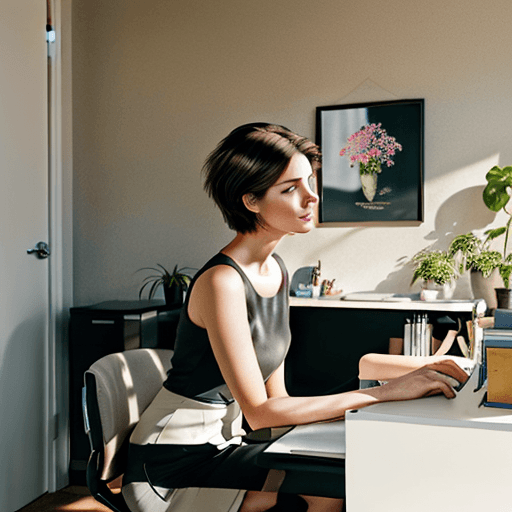 AI generated: elegant young woman sitting at her desk in her personal office, short haircut, brown hair with gray ...