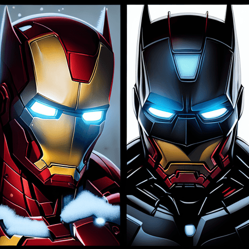 AI generated: portrait of Batman on the left side of the image and Iron Man on the right, 16:9, it's winter
