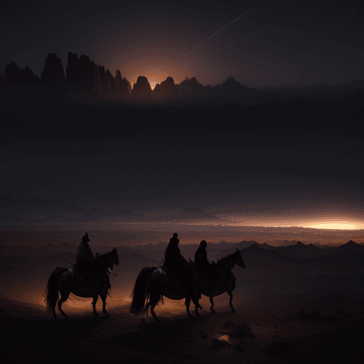 AI generated: epic shot the Three Wise Men riding their horses through the desert at night, following the Star of ...