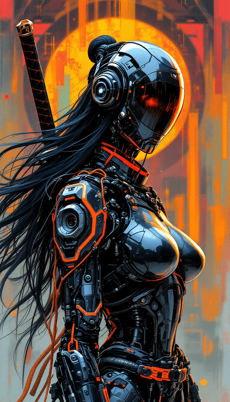 AI generated: in the style of ck-sfc, female cyberpunk robot samurai, robot face with mirrored face shield, hyperd...