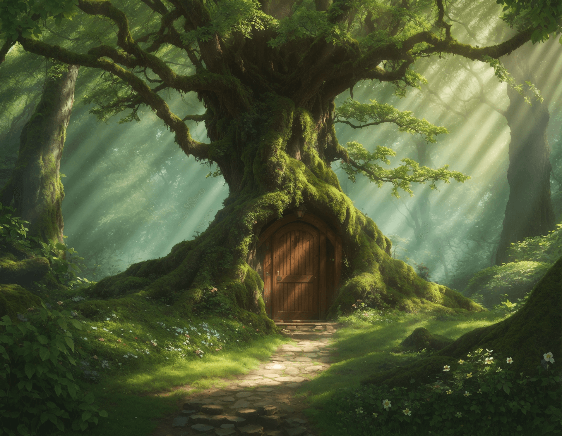 AI generated: bush, day, fantasy, flower, forest, grass, green theme, leaf, light rays, moss, nature, no humans, o...