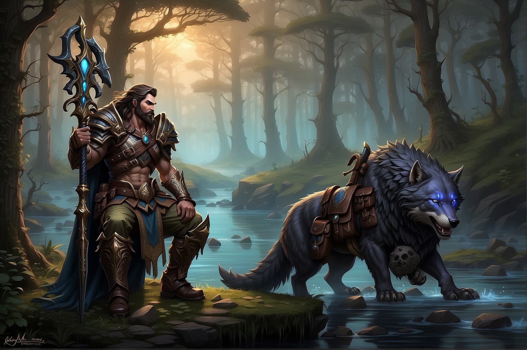 AI generated: In a breathtakingly detailed oil painting, a majestic World of Warcraft night elf Hunter and his loy...