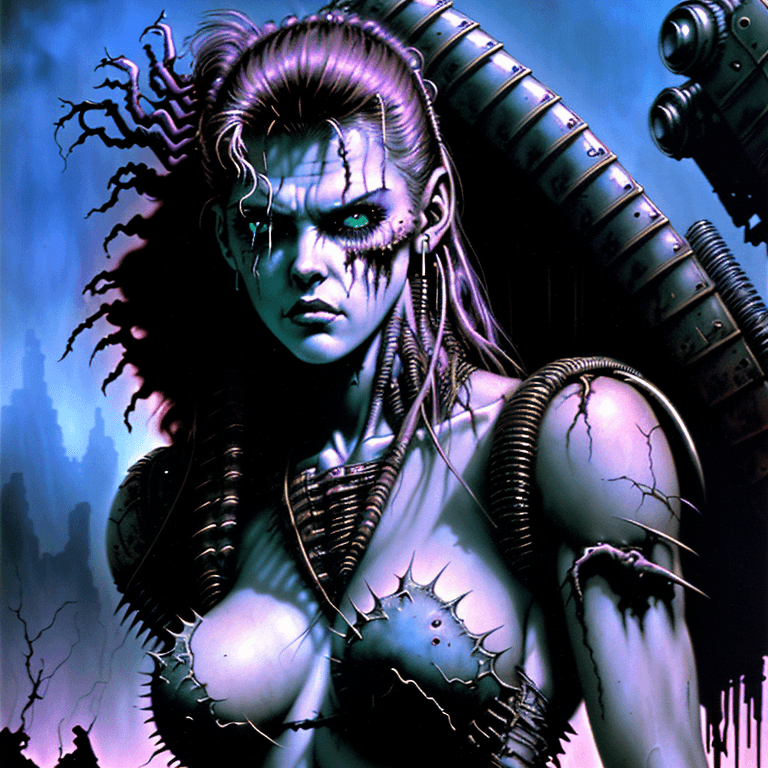 AI generated: a perfect Beautiful rugged female post apocalyptic retrowave synthwave warrior, creepy eerie disturb...