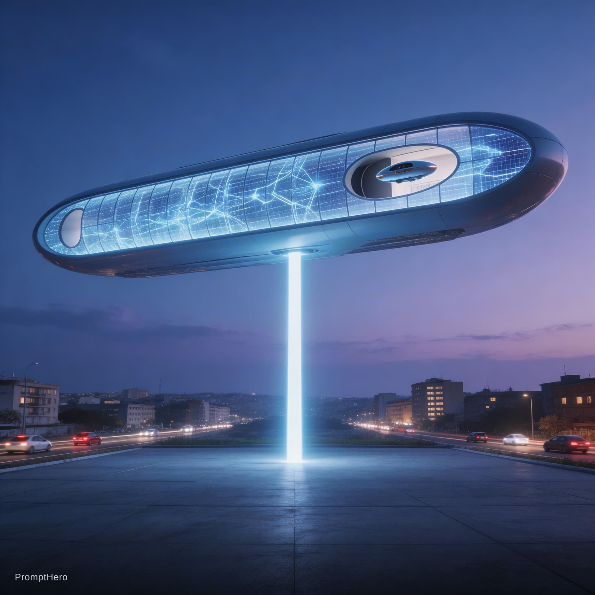 AI generated: A hyper-realistic architectural photo taken from a low angle, capturing a futuristic single-story to...
