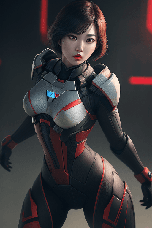AI generated: (1girl, full body), action scene, dynamic pose, Beautiful Korean woman, kpop idol, wearing Mass Effe...